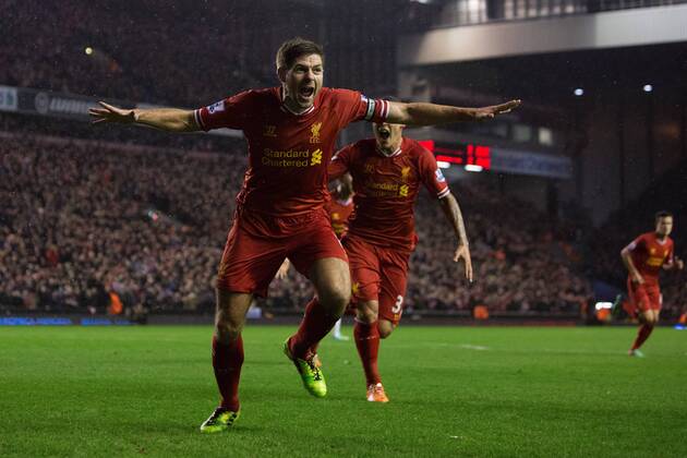 Steven Gerrard of Liverpool celebrates his opening goal - Liverpool FC vs. Everton FC - Barclays Premier League - Anfield - Liverpool - 28 01 2014 EDITORIAL USE ONLY. No use with unauthorised audio, video, data, fixture lists, club league logos or live services. Online in-match use limited to 120 images, no video emulation. No use in betting, games or single club league player publications.