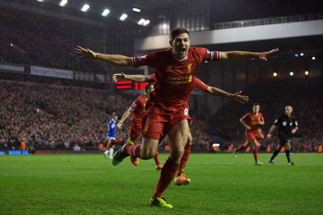 Steven Gerrard of Liverpool celebrates his opening goal - Liverpool FC vs. Everton FC - Barclays Premier League - Anfield - Liverpool - 28 01 2014 EDITORIAL USE ONLY. No use with unauthorised audio, video, data, fixture lists, club league logos or live services. Online in-match use limited to 120 images, no video emulation. No use in betting, games or single club league player publications.