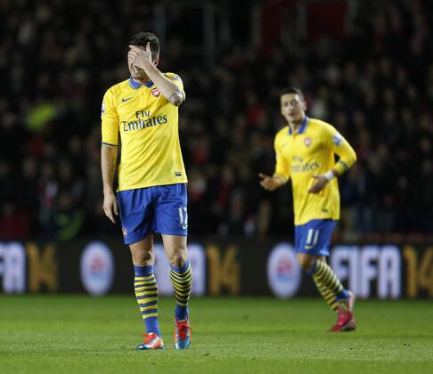 Arsenal s Olivier Giroud looks on dejected Southampton FC vs Arsenal FC London - Barclays Premier League - St Mary s Stadium - Southampton - England - 28 01 2014 EDITORIAL USE ONLY. No use with unauthorised audio, video, data, fixture lists, club league logos or live services. Online in-match use limited to 120 images, no video emulation. No use in betting, games or single club league player publications.