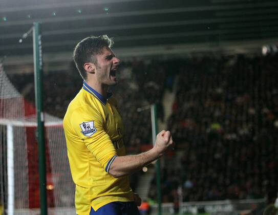 Arsenal s Olivier Giroud celebrates scoring his sides opening goal Southampton FC vs Arsenal FC London - Barclays Premier League - St Mary s Stadium - Southampton - England - 28 01 2014 EDITORIAL USE ONLY. No use with unauthorised audio, video, data, fixture lists, club league logos or live services. Online in-match use limited to 120 images, no video emulation. No use in betting, games or single club league player publications.
