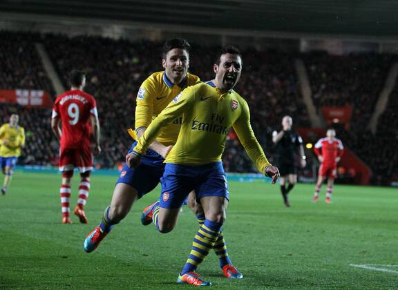 Arsenal s Santi Cazorla celebrates scoring his sides second goal Southampton FC vs Arsenal FC London - Barclays Premier League - St Mary s Stadium - Southampton - England - 28 01 2014 EDITORIAL USE ONLY. No use with unauthorised audio, video, data, fixture lists, club league logos or live services. Online in-match use limited to 120 images, no video emulation. No use in betting, games or single club league player publications.