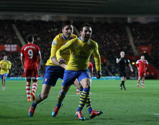 Arsenal s Santi Cazorla celebrates scoring his sides second goal Southampton FC vs Arsenal FC London - Barclays Premier League - St Mary s Stadium - Southampton - England - 28 01 2014 EDITORIAL USE ONLY. No use with unauthorised audio, video, data, fixture lists, club league logos or live services. Online in-match use limited to 120 images, no video emulation. No use in betting, games or single club league player publications.