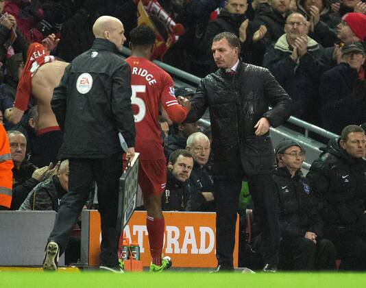 Manager of Liverpool, Brendan Rodgers congratulates Daniel Sturridge following his substitution - Liverpool vs. Everton - Barclays Premier League - Anfield - Liverpool - 28 01 2014 Pic Philip Oldham Sportimage EDITORIAL USE ONLY. No use with unauthorised audio, video, data, fixture lists, club league logos or live services. Online in-match use limited to 120 images, no video emulation. No use in betting, games or single club league player publications.