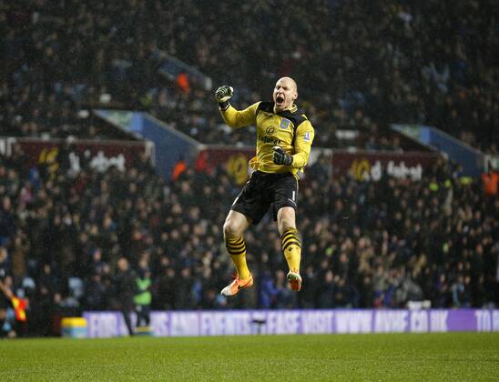 Aston Villa goalkeeper Brad Guzan celebrates his sides comeback from 2-0 down - Football - Aston Villa vs West Bromwich Albion - Villa Park Birmingham - Season 2013 14 - January 29th 2014 EDITORIAL USE ONLY. No use with unauthorised audio, video, data, fixture lists, club league logos or live services. Online in-match use limited to 120 images, no video emulation. No use in betting, games or single club league player publications.