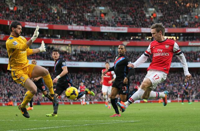 Arsenal s Nacho Monreal sees his shot saved by Crystal Palace s Julian Speroni Arsenal vs Crystal Palace - Premier League - Emirates Stadium - London - England - 02 02 2014 - Pic David Klein Sportimage EDITORIAL USE ONLY. No use with unauthorised audio, video, data, fixture lists, club league logos or live services. Online in-match use limited to 120 images, no video emulation. No use in betting, games or single club league player publications.