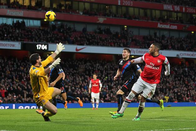 Arsenal s Alex Oxlade-Chamberlain scoring his sides opening goal Arsenal vs Crystal Palace - Premier League - Emirates Stadium - London - England - 02 02 2014 - Pic David Klein Sportimage EDITORIAL USE ONLY. No use with unauthorised audio, video, data, fixture lists, club league logos or live services. Online in-match use limited to 120 images, no video emulation. No use in betting, games or single club league player publications.