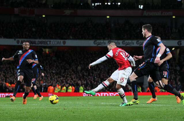 Arsenal s Alex Oxlade-Chamberlain scoring his second goal Arsenal vs Crystal Palace - Premier League - Emirates Stadium - London - England - 02 02 2014 - Pic David Klein Sportimage EDITORIAL USE ONLY. No use with unauthorised audio, video, data, fixture lists, club league logos or live services. Online in-match use limited to 120 images, no video emulation. No use in betting, games or single club league player publications.