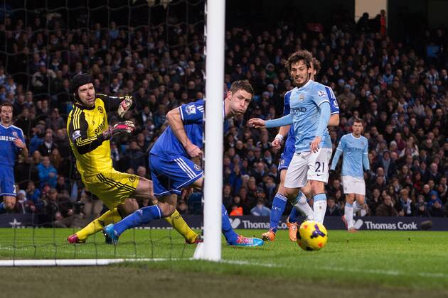 David Silva of Manchester City drags a shot wide of the goal- Manchester City vs. Chelsea FC - Barclays Premier League - Etihad Stadium - Manchester - 03 02 2014 EDITORIAL USE ONLY. No use with unauthorised audio, video, data, fixture lists, club league logos or live services. Online in-match use limited to 120 images, no video emulation. No use in betting, games or single club league player publications.