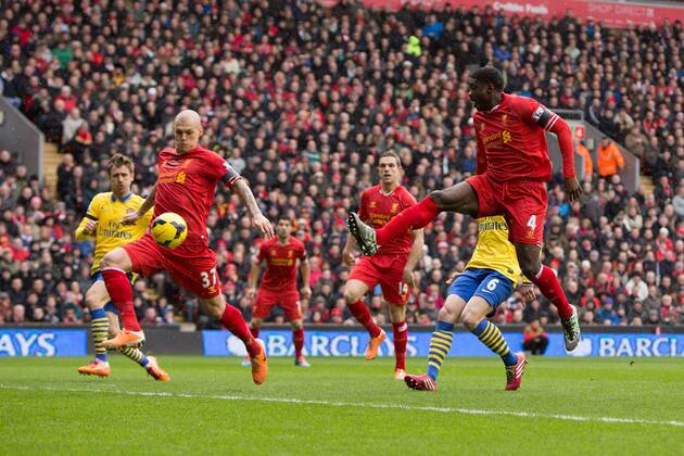 Martin Skrtel of Liverpool scores the opening goal - Liverpool vs. Arsenal - Barclays Premier League - Anfield - Liverpool - 08 02 2014 Pic Philip Oldham Sportimage EDITORIAL USE ONLY. No use with unauthorised audio, video, data, fixture lists, club league logos or live services. Online in-match use limited to 120 images, no video emulation. No use in betting, games or single club league player publications.