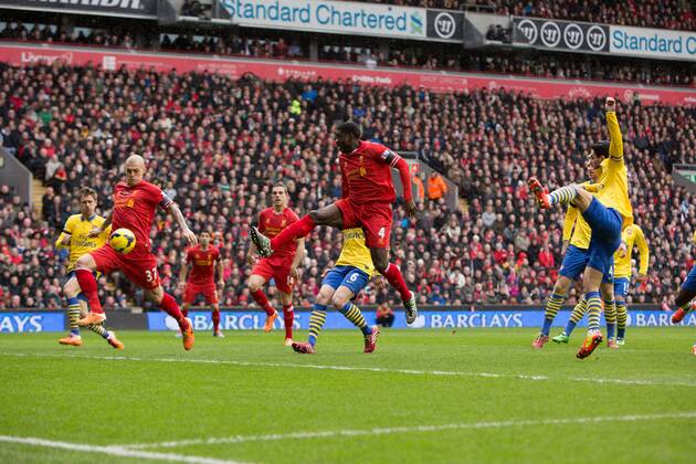 Martin Skrtel of Liverpool scores the opening goal - Liverpool vs. Arsenal - Barclays Premier League - Anfield - Liverpool - 08 02 2014 Pic Philip Oldham Sportimage EDITORIAL USE ONLY. No use with unauthorised audio, video, data, fixture lists, club league logos or live services. Online in-match use limited to 120 images, no video emulation. No use in betting, games or single club league player publications.