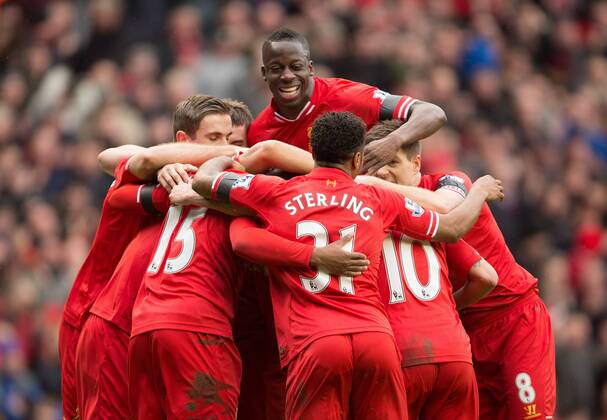 Liverpool celebrate the fourth goal - Liverpool vs. Arsenal - Barclays Premier League - Anfield - Liverpool - 08 02 2014 Pic Philip Oldham Sportimage EDITORIAL USE ONLY. No use with unauthorised audio, video, data, fixture lists, club league logos or live services. Online in-match use limited to 120 images, no video emulation. No use in betting, games or single club league player publications.
