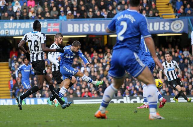 Chelsea s Eden Hazard scoring his sides opening goal Chelsea vs Newcastle United - Premier League - Stamford Bridge - London - England - 08 02 2014 - Pic David Klein Sportimage EDITORIAL USE ONLY. No use with unauthorised audio, video, data, fixture lists, club league logos or live services. Online in-match use limited to 120 images, no video emulation. No use in betting, games or single club league player publications.