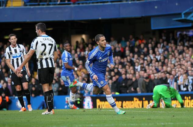 Chelsea s Eden Hazard celebrates scoring his sides opening goal Chelsea vs Newcastle United - Premier League - Stamford Bridge - London - England - 08 02 2014 - Pic David Klein Sportimage EDITORIAL USE ONLY. No use with unauthorised audio, video, data, fixture lists, club league logos or live services. Online in-match use limited to 120 images, no video emulation. No use in betting, games or single club league player publications.