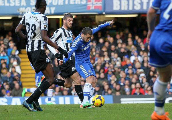 Chelsea s Eden Hazard scoring his sides opening goal Chelsea vs Newcastle United - Premier League - Stamford Bridge - London - England - 08 02 2014 - Pic David Klein Sportimage EDITORIAL USE ONLY. No use with unauthorised audio, video, data, fixture lists, club league logos or live services. Online in-match use limited to 120 images, no video emulation. No use in betting, games or single club league player publications.