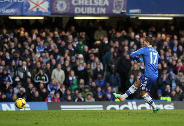 Chelsea s Eden Hazard scoring his third goal Chelsea vs Newcastle United - Premier League - Stamford Bridge - London - England - 08 02 2014 - Pic David Klein Sportimage EDITORIAL USE ONLY. No use with unauthorised audio, video, data, fixture lists, club league logos or live services. Online in-match use limited to 120 images, no video emulation. No use in betting, games or single club league player publications.