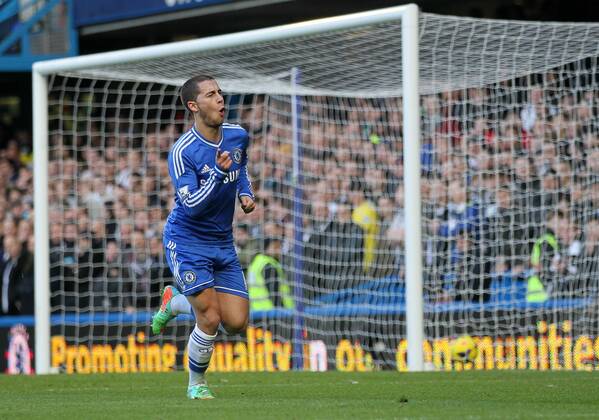 Chelsea s Eden Hazard celebrates scoring his sides opening goal Chelsea vs Newcastle United - Premier League - Stamford Bridge - London - England - 08 02 2014 - Pic David Klein Sportimage EDITORIAL USE ONLY. No use with unauthorised audio, video, data, fixture lists, club league logos or live services. Online in-match use limited to 120 images, no video emulation. No use in betting, games or single club league player publications.
