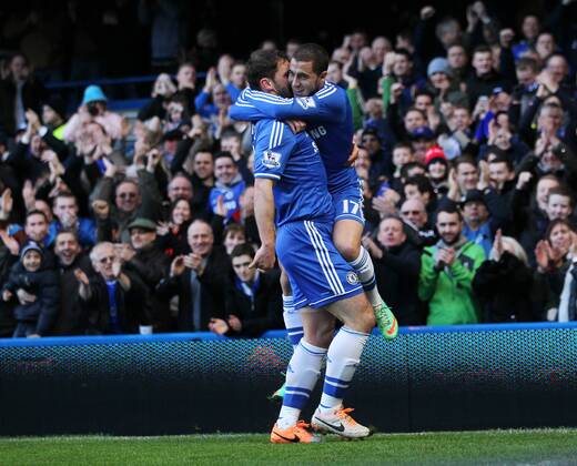 Chelsea s Eden Hazard celebrates scoring his sides opening goal Chelsea vs Newcastle United - Premier League - Stamford Bridge - London - England - 08 02 2014 - Pic David Klein Sportimage EDITORIAL USE ONLY. No use with unauthorised audio, video, data, fixture lists, club league logos or live services. Online in-match use limited to 120 images, no video emulation. No use in betting, games or single club league player publications.