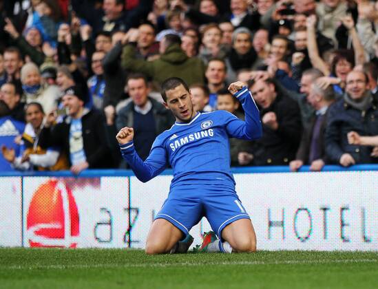 Chelsea s Eden Hazard celebrates scoring his sides second goal Chelsea vs Newcastle United - Premier League - Stamford Bridge - London - England - 08 02 2014 - Pic David Klein Sportimage EDITORIAL USE ONLY. No use with unauthorised audio, video, data, fixture lists, club league logos or live services. Online in-match use limited to 120 images, no video emulation. No use in betting, games or single club league player publications.