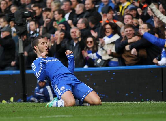 Chelsea s Eden Hazard celebrates scoring his sides second goal Chelsea vs Newcastle United - Premier League - Stamford Bridge - London - England - 08 02 2014 - Pic David Klein Sportimage EDITORIAL USE ONLY. No use with unauthorised audio, video, data, fixture lists, club league logos or live services. Online in-match use limited to 120 images, no video emulation. No use in betting, games or single club league player publications.