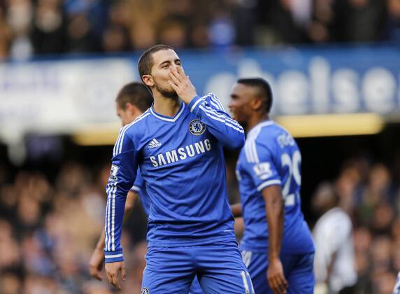 Chelsea s Eden Hazard celebrates scoring his sides second goal Chelsea vs Newcastle United - Premier League - Stamford Bridge - London - England - 08 02 2014 - Pic David Klein Sportimage EDITORIAL USE ONLY. No use with unauthorised audio, video, data, fixture lists, club league logos or live services. Online in-match use limited to 120 images, no video emulation. No use in betting, games or single club league player publications.