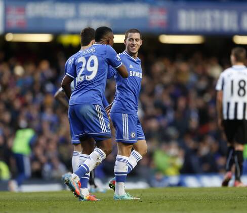 Chelsea s Eden Hazard celebrates scoring his third goal Chelsea vs Newcastle United - Premier League - Stamford Bridge - London - England - 08 02 2014 - Pic David Klein Sportimage EDITORIAL USE ONLY. No use with unauthorised audio, video, data, fixture lists, club league logos or live services. Online in-match use limited to 120 images, no video emulation. No use in betting, games or single club league player publications.