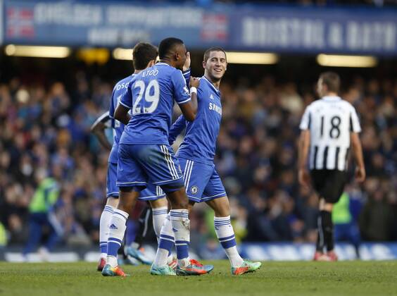 Chelsea s Eden Hazard celebrates scoring his third goal Chelsea vs Newcastle United - Premier League - Stamford Bridge - London - England - 08 02 2014 - Pic David Klein Sportimage EDITORIAL USE ONLY. No use with unauthorised audio, video, data, fixture lists, club league logos or live services. Online in-match use limited to 120 images, no video emulation. No use in betting, games or single club league player publications.