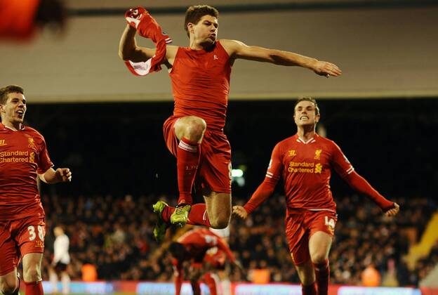 Football - 2013 2014 Premier League - Fulham v Liverpool Liverpool s Steven Gerrard celebrates his winning goal at Craven Cottage 