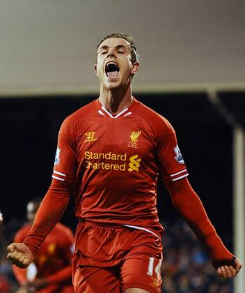 Football - 2013 2014 Premier League - Fulham v Liverpool Liverpool s Jordan Henderson celebrates their winning goal at Craven Cottage 