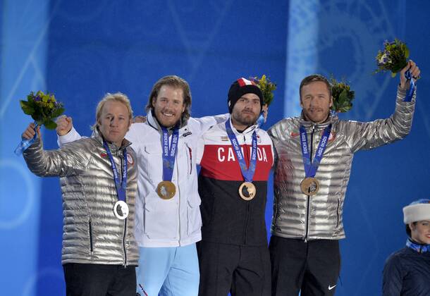 United States Andrew Weibrecht, Norway s Kjetil Jansrud and United States Bode Miller and Canada s Jan Hudec during the victory ceremony for alpine skiing men s Super G at the Sochi 2014 Winter Olympics on February 16, 2014 in Sochi, Russia. Jansrud won gold, Weibrecht silver while Miller and Hudec tied for bronze in the event.  OLY20140216157