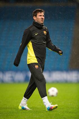 Lionel Messi of Barcelona during training - UEFA Champions League First Knockout Round - Manchester City vs Barcelona - Etihad Stadium - Manchester - England - 17th February 2014 - Picture Phil Oldham Sportimage EDITORIAL USE ONLY. No use with unauthorised audio, video, data, fixture lists, club league logos or live services. Online in-match use limited to 120 images, no video emulation. No use in betting, games or single club league player publications.