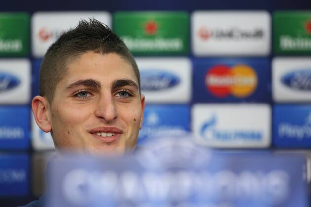 Marco Verratti (FC Paris Saint-Germain 24) laughing during the Press Conference, gut gelaunt am Lachen waehrend der Pressekonferenz Abschluss - Pressekonferenz Paris Saint-Germain --- Fussball --- Champions League --- Achtelfinale --- 17.02.2014, EP_JSE