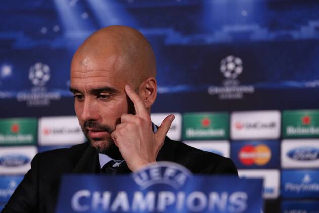 Trainer, Headcoach Pep Guardiola (FC Bayern München) during the pressconference, während der Pressekonferenz Abschluss - Pressekonferenz FC Bayern München --- Fussball --- Champions League --- Achtelfinale --- 18.02.2014 EP_JSE