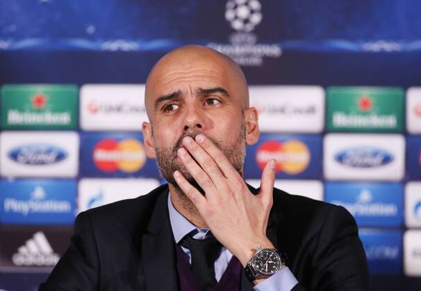 Trainer, Headcoach Pep Guardiola (FC Bayern München) during the pressconference, während der Pressekonferenz Abschluss - Pressekonferenz FC Bayern München --- Fussball --- Champions League --- Achtelfinale --- 18.02.2014 EP_JSE