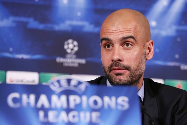 Trainer, Headcoach Pep Guardiola (FC Bayern München) during the pressconference, während der Pressekonferenz Abschluss - Pressekonferenz FC Bayern München --- Fussball --- Champions League --- Achtelfinale --- 18.02.2014 EP_JSE