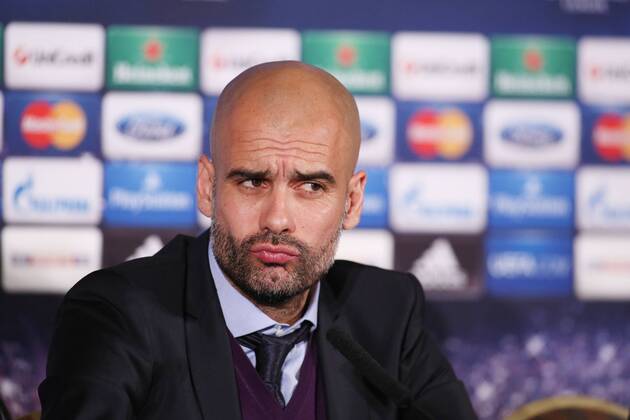 Trainer, Headcoach Pep Guardiola (FC Bayern München) during the pressconference, während der Pressekonferenz Abschluss - Pressekonferenz FC Bayern München --- Fussball --- Champions League --- Achtelfinale --- 18.02.2014 EP_JSE