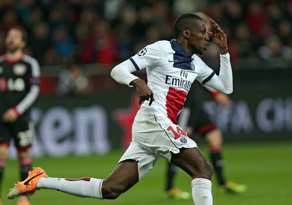 18.02.2014, xovx, Fussball Champions League, Bayer 04 Leverkusen - Paris St.Germain, v.l. Jubel bei Blaise Matuidi (Paris Saint-Germain) nach dem Tor zum 0:1, Freisteller.