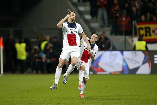 Leverkusen, 18. Februar 2014 - Fußball, UEFA Champions League 2013 14, Bayer 04 Leverkusen - Paris St. Germain: Zlatan Ibrahimovic (Paris St. Germain, 10) und Marco Verratti (Paris St. Germain, 24) jubeln