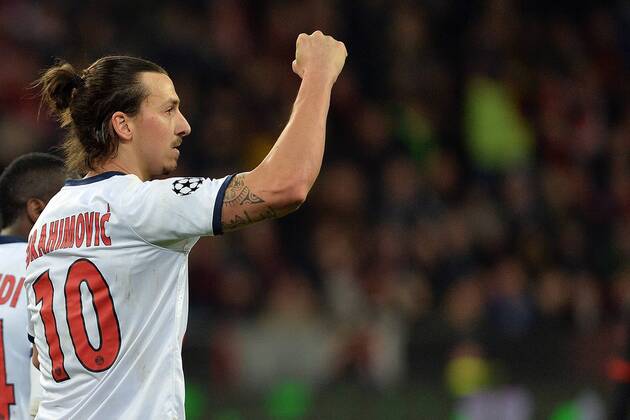 Bayer 04 Leverkusen vs. Paris St. Germain --- Fussball --- Champions League --- 18.02.2014 Torschütze Zlatan Ibrahimovic (Paris), Torjubel nach dem 0:2, geballte Faust, Gestik, Freude, Einzelbild, halbe Figur