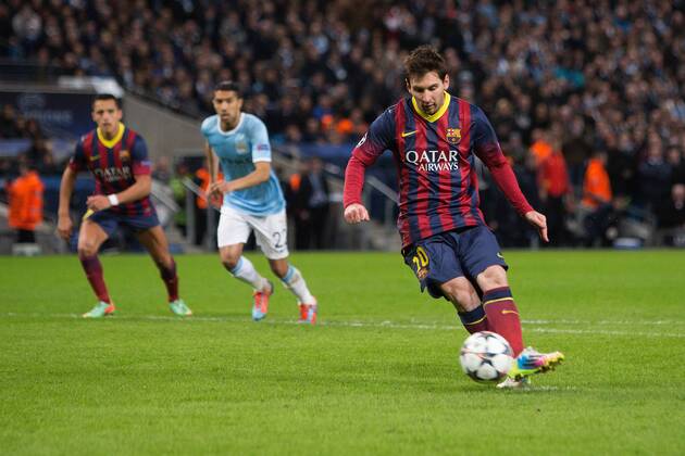 Lionel Messi of Barcelona scores the opening goal - UEFA Champions League First Knockout Round - Manchester City vs Barcelona - Etihad Stadium - Manchester - England - 18th February 2014 - Picture Phil Oldham Sportimage EDITORIAL USE ONLY. No use with unauthorised audio, video, data, fixture lists, club league logos or live services. Online in-match use limited to 120 images, no video emulation. No use in betting, games or single club league player publications.