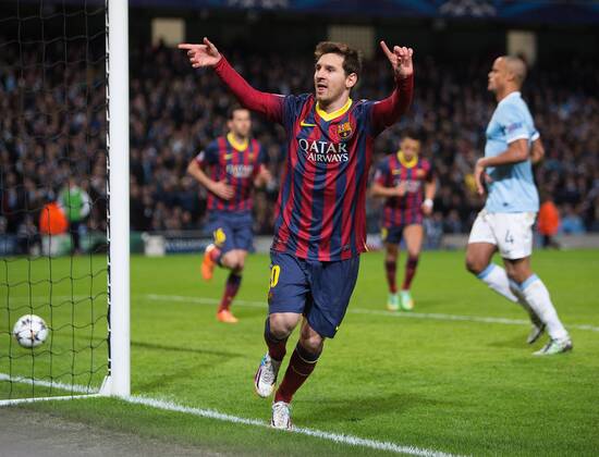 Lionel Messi of Barcelona celebrates his opening goal - UEFA Champions League First Knockout Round - Manchester City vs Barcelona - Etihad Stadium - Manchester - England - 18th February 2014 - Picture Phil Oldham Sportimage EDITORIAL USE ONLY. No use with unauthorised audio, video, data, fixture lists, club league logos or live services. Online in-match use limited to 120 images, no video emulation. No use in betting, games or single club league player publications.