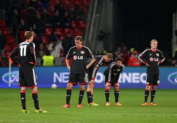 18.02.2014, xovx, Fussball Champions League, Bayer 04 Leverkusen - Paris St.Germain, v.l. Stefan Kiessling (Bayer 04 Leverkusen), Stefan Reinartz (Bayer 04 Leverkusen), Lars Bender (Bayer 04 Leverkusen), Andres Guardado (Bayer 04 Leverkusen), Julian Brandt (Bayer 04 Leverkusen), enttaeuscht, enttaeuscht schauend, dissapointed, , Freisteller.