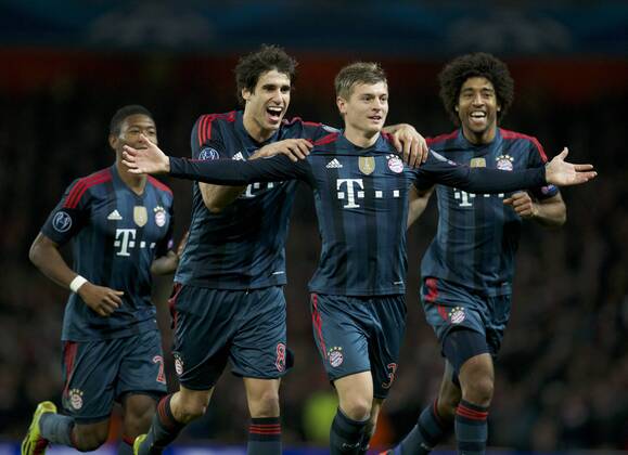 19.02.2014 London, England.Toni Kroos of Bayern Munich celebrates his goal during the Champions League game between Arsenal and Bayern Munich from the Emirates Stadium. xNigelxCookex  ActionPlus11500266