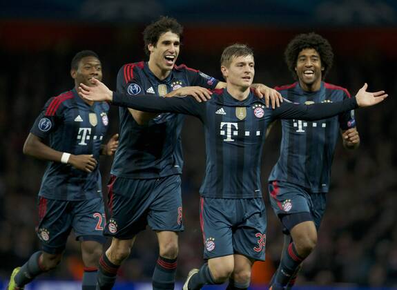 19.02.2014 London, England. Toni Kroos of Bayern Munich celebrates his goal during the Champions League game between Arsenal and Bayern Munich from the Emirates Stadium. Munich won the game 2-0. xNigelxCookex  ActionPlus20176013