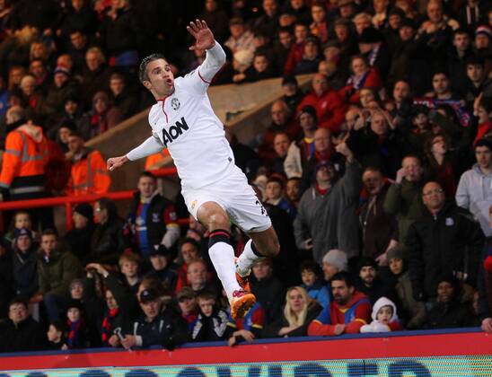 Manchester United s Robin Van Persie celebrates scoring his sides opening goal Crystal Palace vs Manchester United - Premier League - Selhurst Park - London - England - 22 02 2014 - Pic David Klein Sportimage EDITORIAL USE ONLY. No use with unauthorised audio, video, data, fixture lists, club league logos or live services. Online in-match use limited to 120 images, no video emulation. No use in betting, games or single club league player publications.
