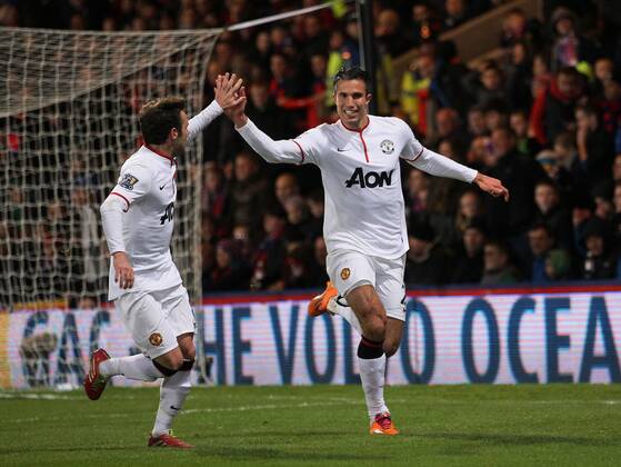 Manchester United s Robin Van Persie celebrates scoring his sides opening goal Crystal Palace vs Manchester United - Premier League - Selhurst Park - London - England - 22 02 2014 - Pic David Klein Sportimage EDITORIAL USE ONLY. No use with unauthorised audio, video, data, fixture lists, club league logos or live services. Online in-match use limited to 120 images, no video emulation. No use in betting, games or single club league player publications.