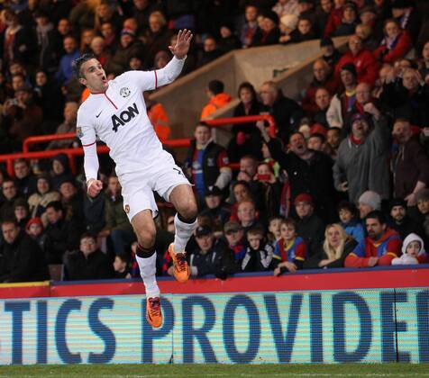 Manchester United s Robin Van Persie celebrates scoring his sides opening goal Crystal Palace vs Manchester United - Premier League - Selhurst Park - London - England - 22 02 2014 - Pic David Klein Sportimage EDITORIAL USE ONLY. No use with unauthorised audio, video, data, fixture lists, club league logos or live services. Online in-match use limited to 120 images, no video emulation. No use in betting, games or single club league player publications.