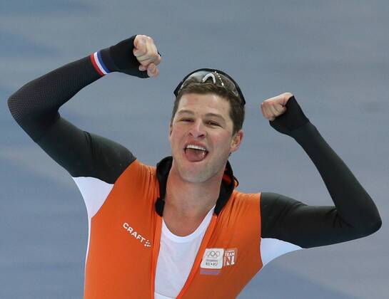 ITAR-TASS: SOCHI, RUSSIA. FEBRUARY 22, 2014. Dutch Sven Kramer reacts after winning gold in the men s speed skating team pursuit event at the 22nd Winter Olympic Games at the Adler Arena Skating Center.  RE13AB54