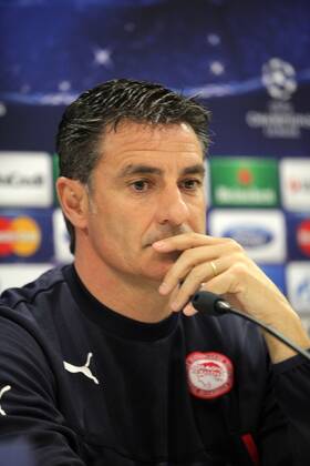 Greece,Athens-February 24,2014:Olympiakos coach Jose Miguel Gonzalez Martin del Campo (Michel) during the press conference for the UEFA Champions League Last 16, first leg football match between Olympiakos and Manchester United at the Karaiskaki stadium in Piraeus on February 24,2014 Champions League :Olympiakos vs Manchester United