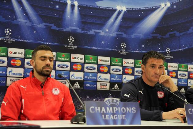 Greece,Athens-February 24,2014:Olympiakos coach Jose Miguel Gonzalez Martin del Campo (Michel) and Giannis Maniatis during the press conference for the UEFA Champions League Last 16, first leg football match between Olympiakos and Manchester United at the Karaiskaki stadium in Piraeus on February 24,2014 Champions League :Olympiakos vs Manchester United