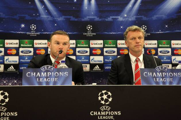 Greece,Athens-February 24,2014:Manchester United s coach David Moyes and Wayne Rooney during the press conference for the UEFA Champions League Last 16, first leg football match between Olympiakos and Manchester United at the Karaiskaki stadium in Piraeus on February 24,2014 Champions League :Olympiakos vs Manchester United